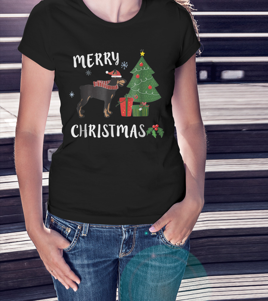 Merry Christmas Doberman With Santa Hat And Christmas Tree T-Shirt