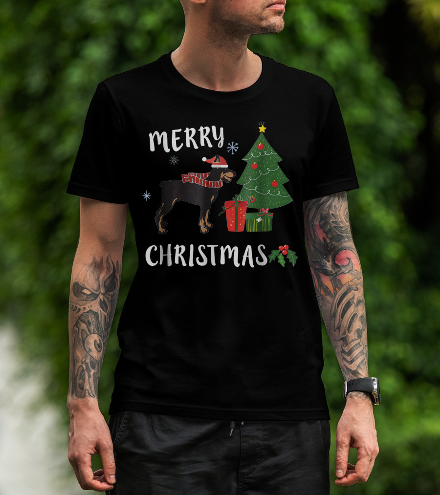 Merry Christmas Doberman With Santa Hat And Christmas Tree T-Shirt