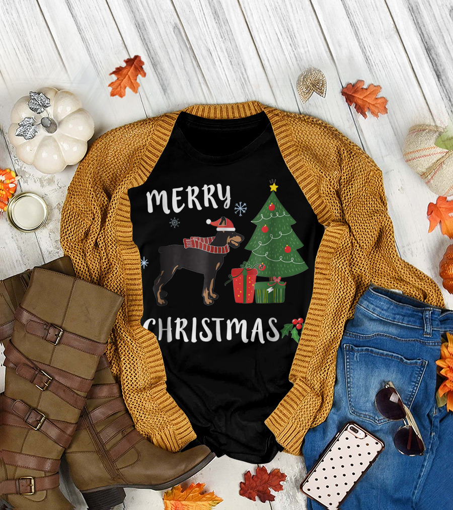 Merry Christmas Doberman with Santa Hat and Christmas Tree T-Shirt