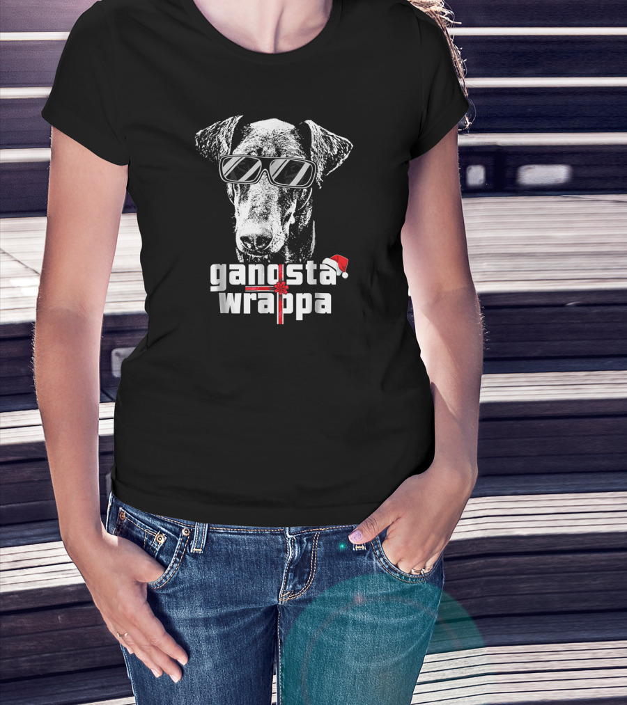 Doberman Pinscher Gangsta Wrappa Christmas Santa Hat Sunglasses T-Shirt