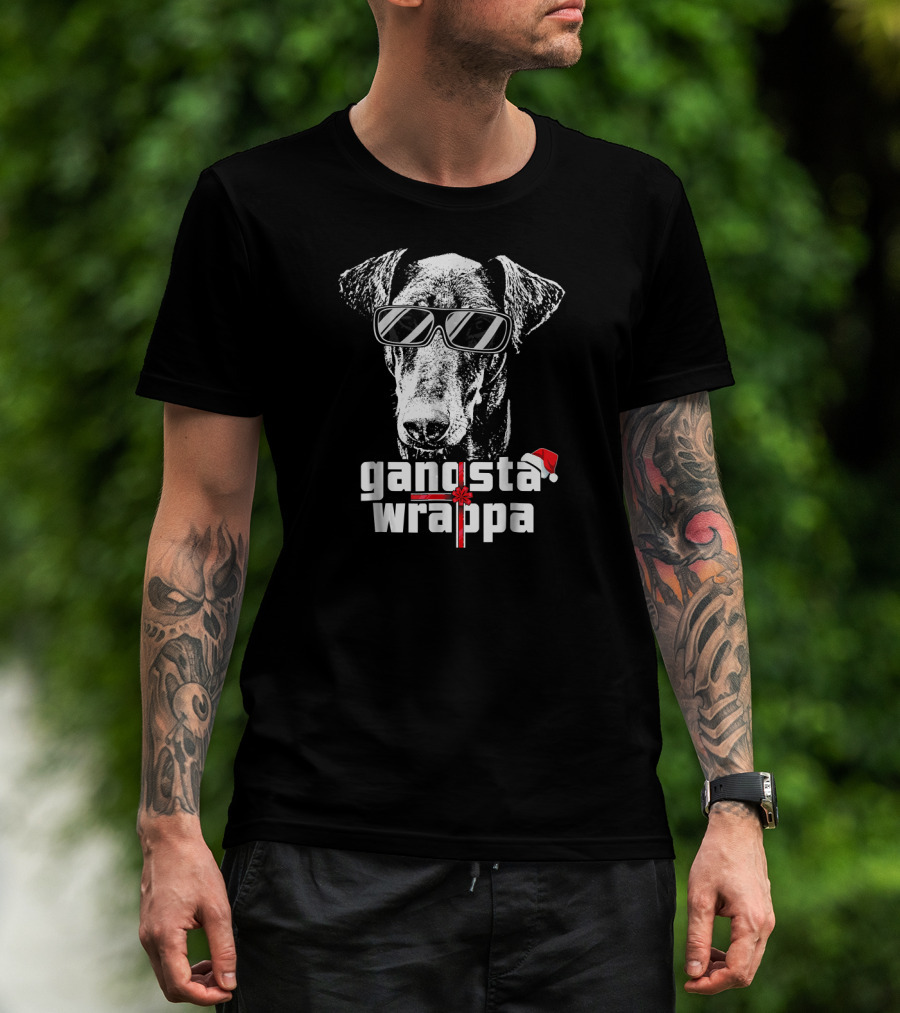 Doberman Pinscher Gangsta Wrappa Christmas Santa Hat Sunglasses T-Shirt