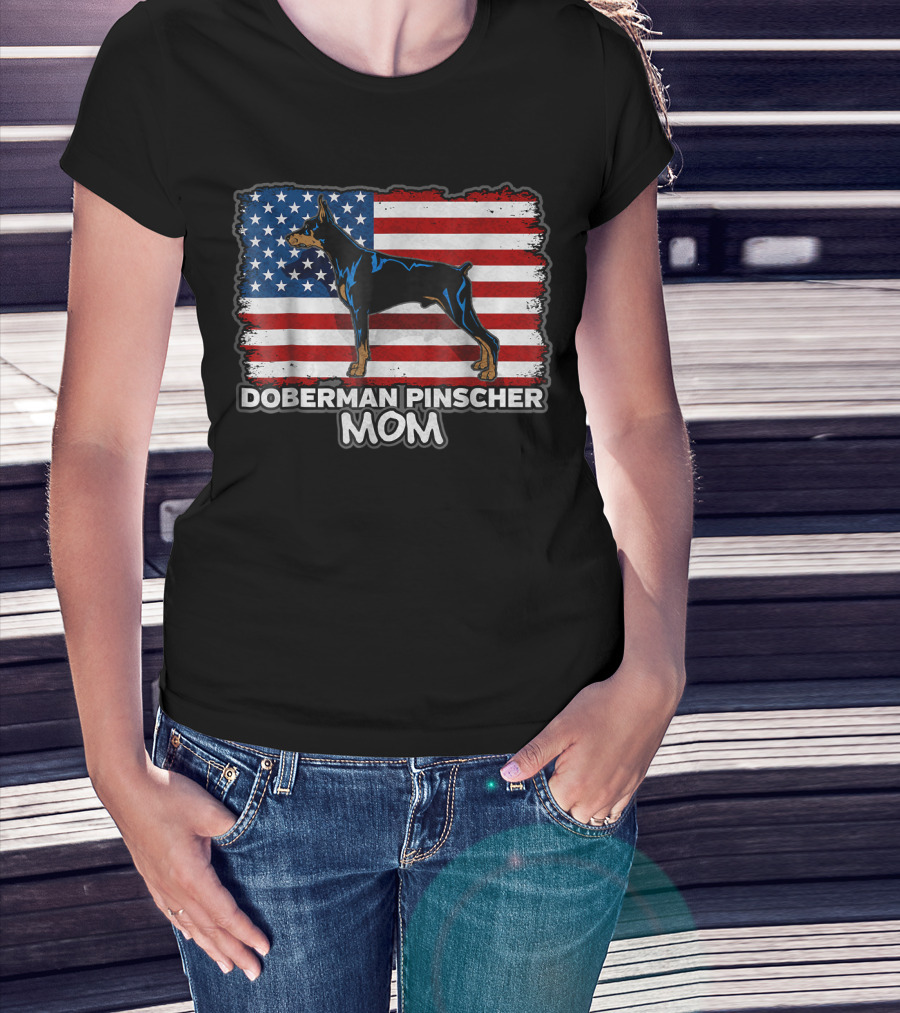 Doberman Pinscher Mom American Flag Background T-Shirt
