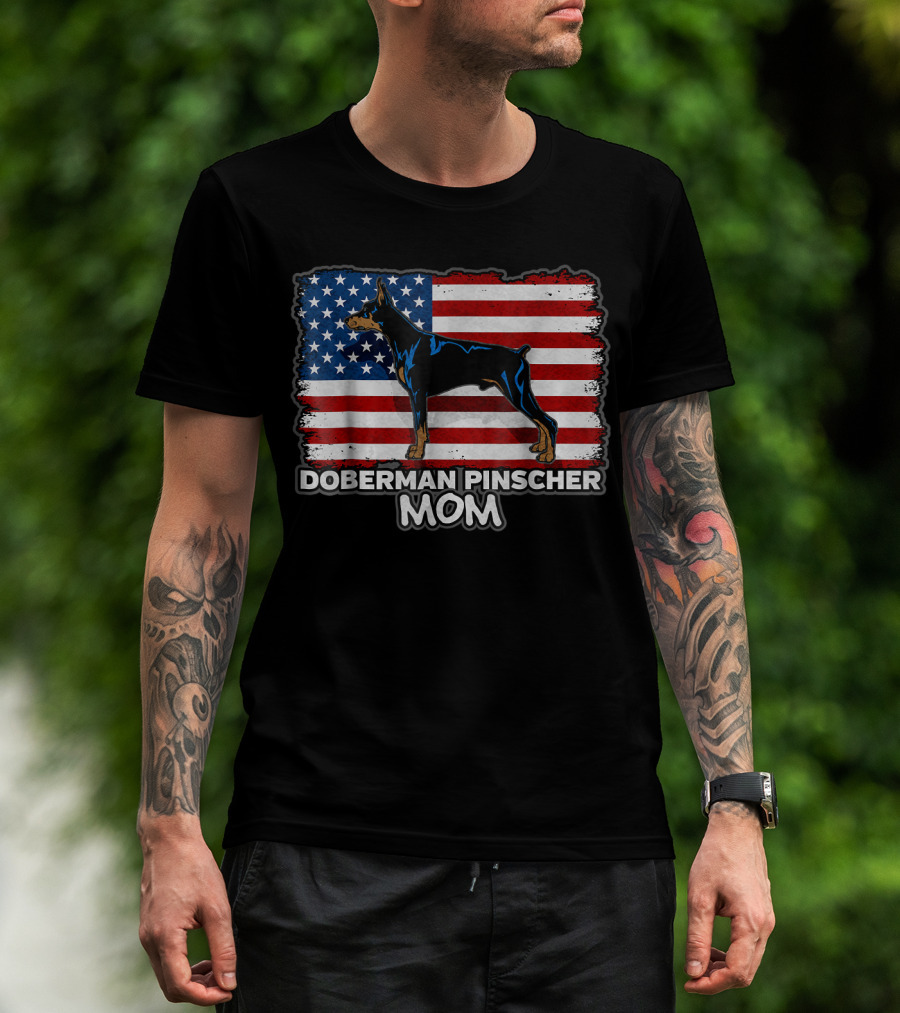 Doberman Pinscher Mom American Flag Background T-Shirt