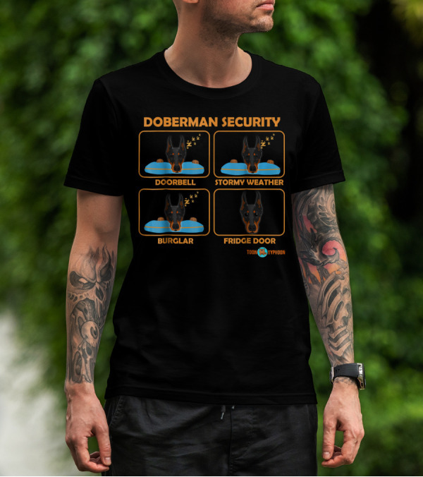 Doberman Security Doorbell Stormy Weather Burglar Fridge Door Toon Typhoon T-Shirt