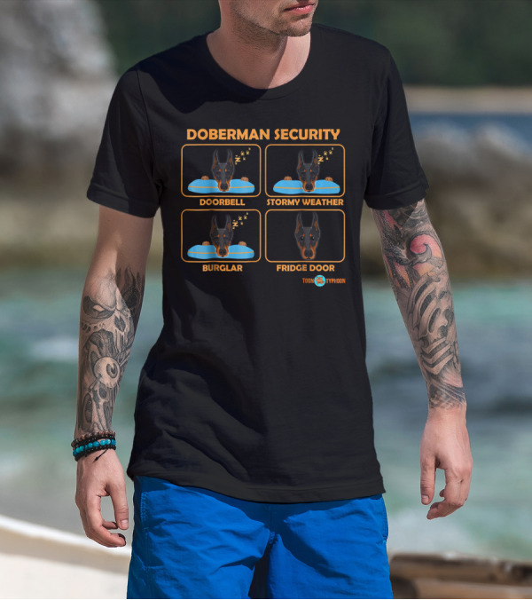 Doberman Security Doorbell Stormy Weather Burglar Fridge Door Toon Typhoon T-Shirt