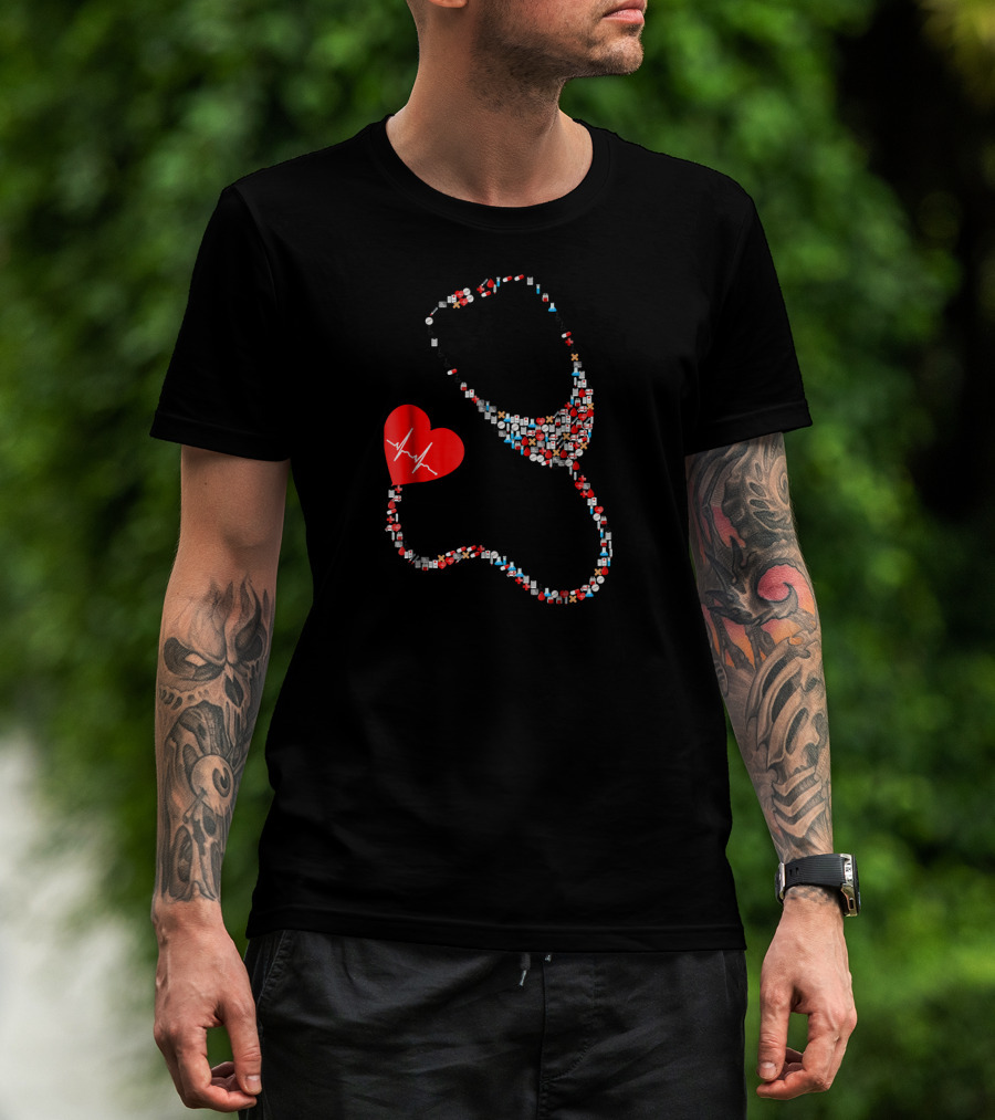 Doctor Or Nurse Stethoscope With Red Heart Icon And Medical Symbols T-Shirt
