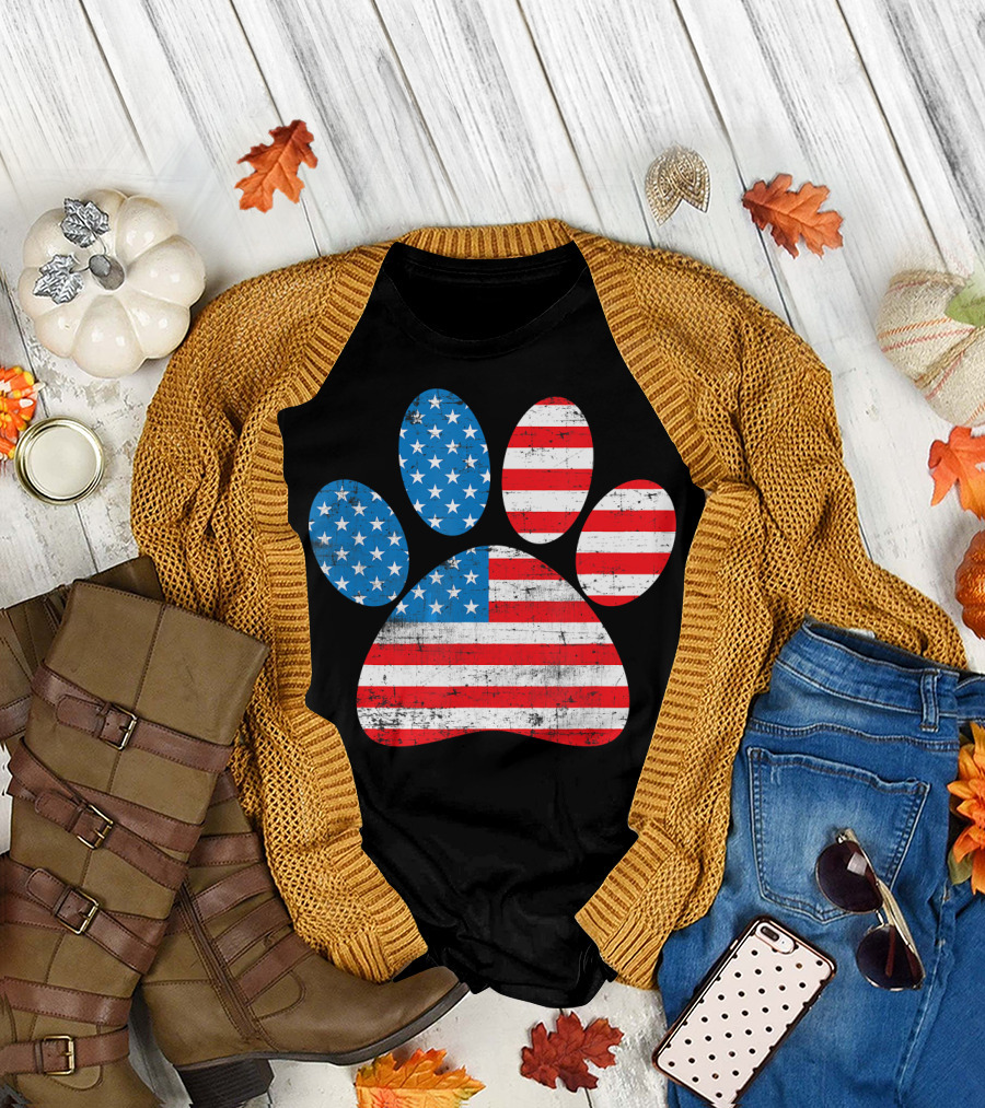 Patriot Day American Flag Dog Paw Prints T-Shirt