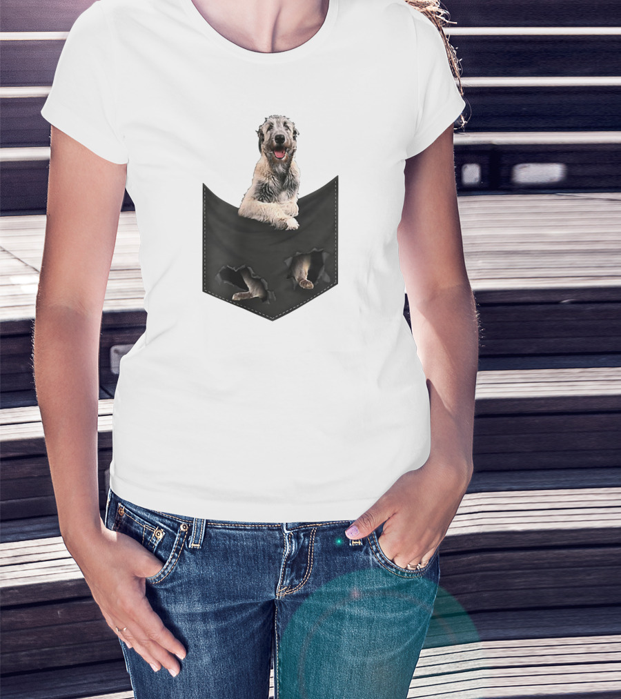 Irish Wolfhound Dog Poking Out Of Pocket With Paws T-Shirt
