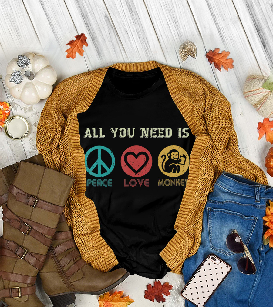 All You Need Is Peace Love and Monkey Symbols T-Shirt