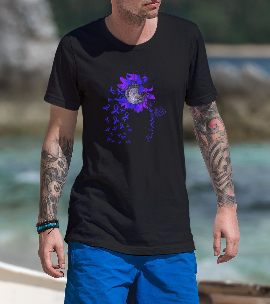 ALS Awareness Blue Sunflower With Ribbons T-Shirt