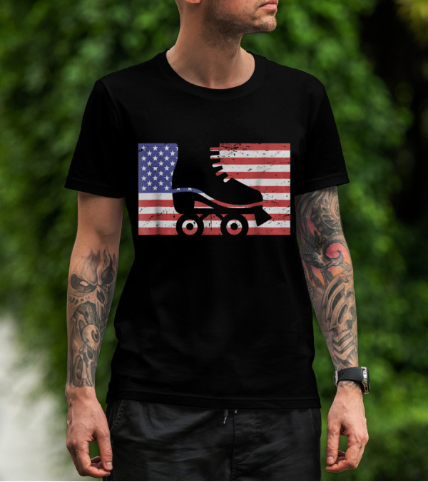 American Flag With Roller Skate T-Shirt