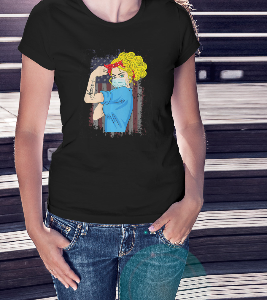 American Flag Nurse Strong Woman Tattoo Rosie Riveter T-Shirt
