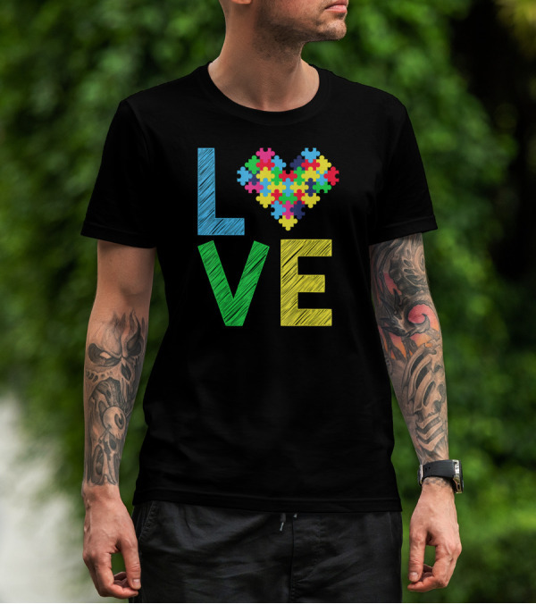 Autism Awareness Love Puzzle Heart Colorful Letters T-Shirt