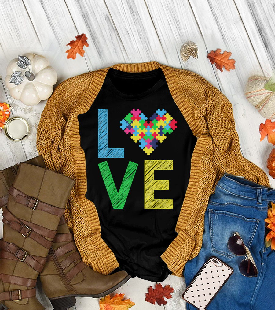 Autism Awareness Love Puzzle Heart Colorful Letters T-Shirt