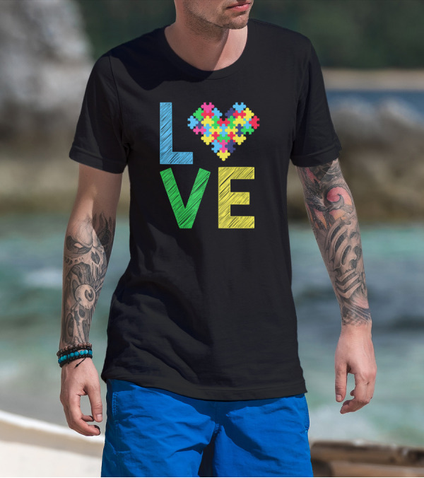 Autism Awareness Love Puzzle Heart Colorful Letters T-Shirt