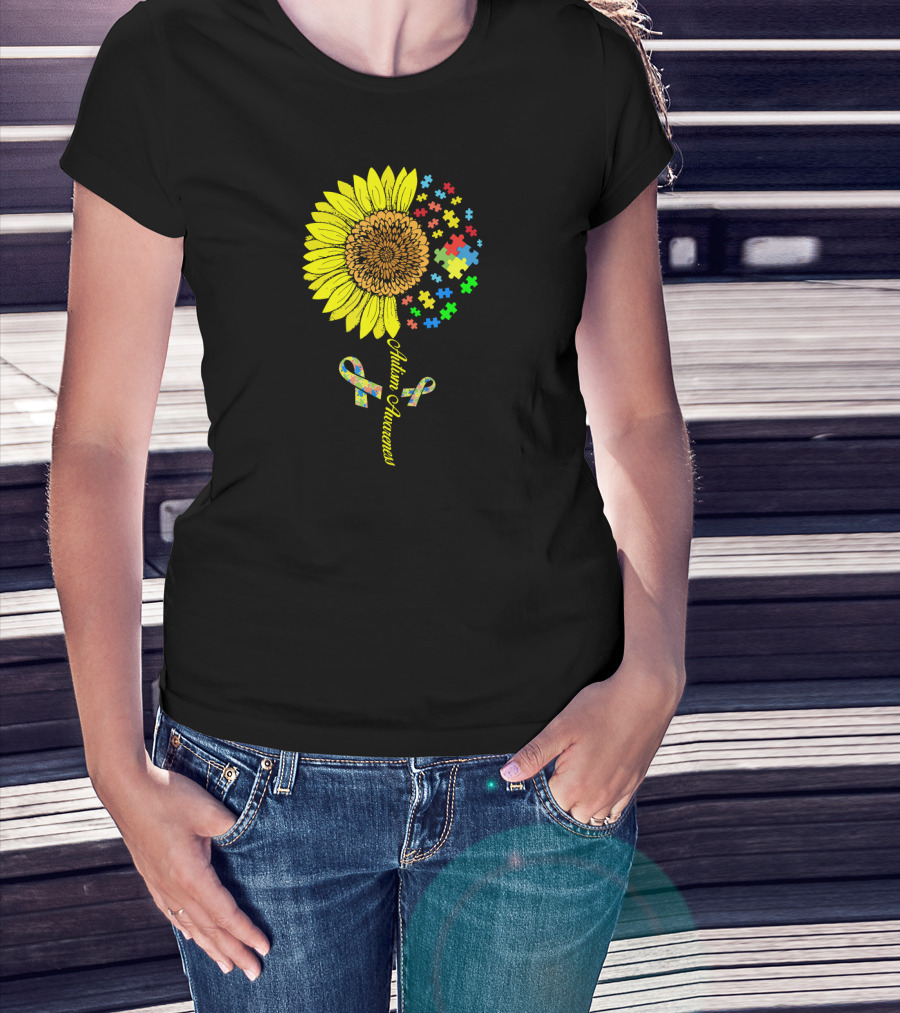 Autism Awareness Puzzle Ribbon Sunflower T-Shirt