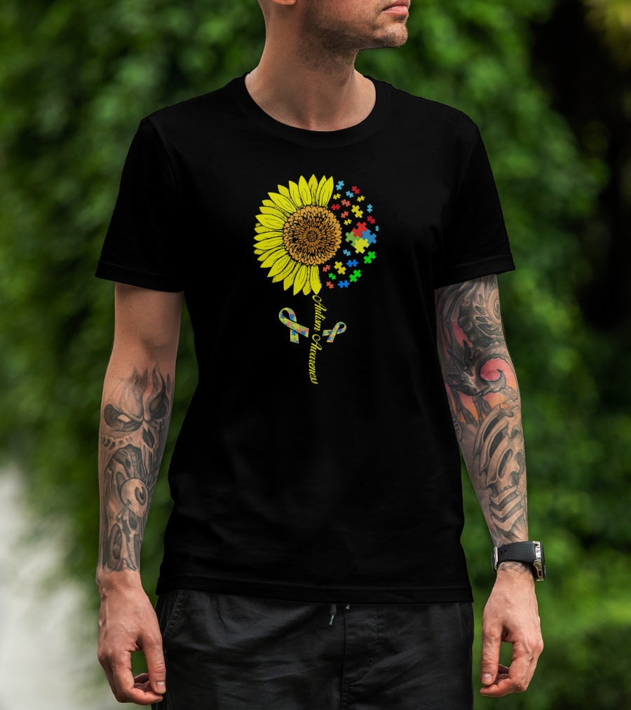 Autism Awareness Puzzle Ribbon Sunflower T-Shirt