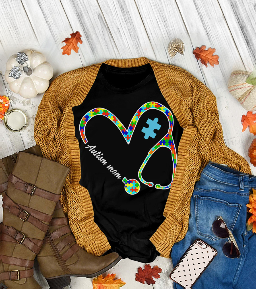 Autism Mom Puzzle Heart Stethoscope Nurse T-Shirt