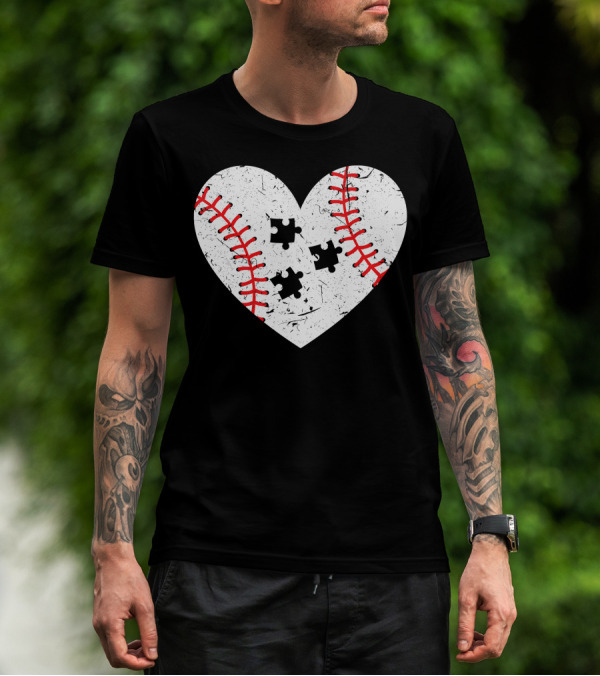 Baseball Heart Autism Puzzle Love T-Shirt
