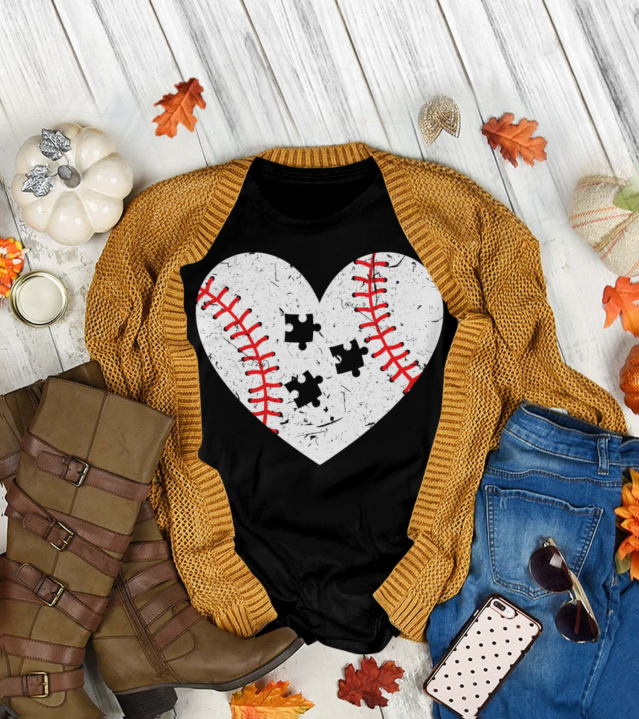 Baseball Heart Autism Puzzle Love T-Shirt