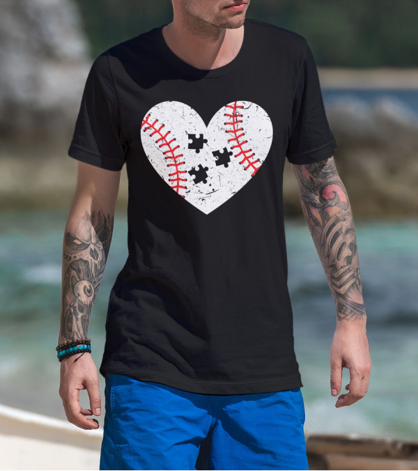 Baseball Heart Autism Puzzle Love T-Shirt
