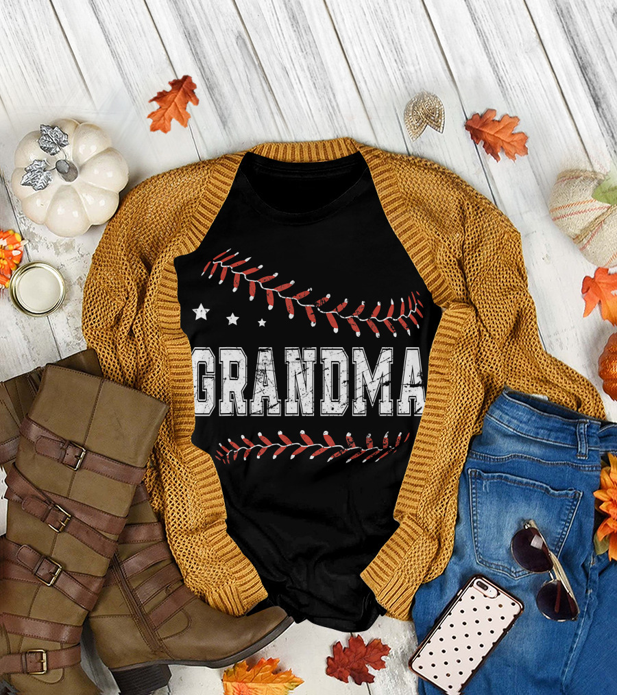 Grandma Baseball Love with Stars and Stitching T-Shirt