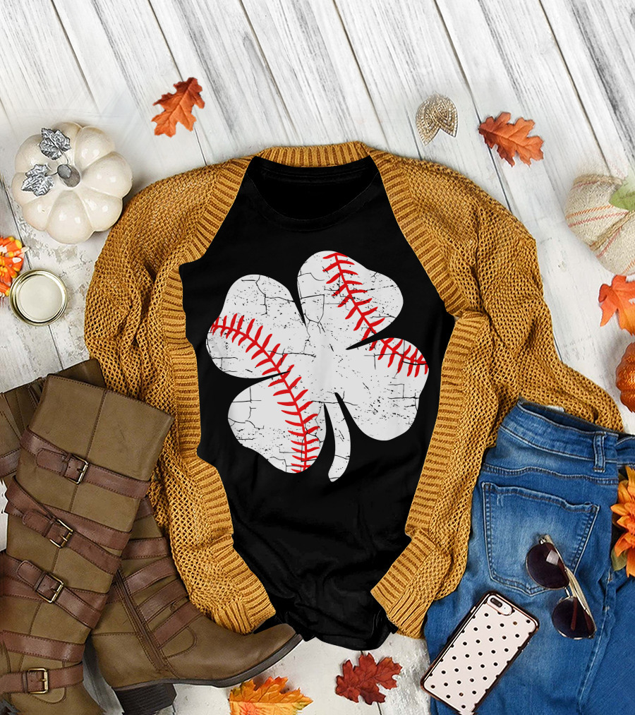 Baseball Patricks Day Boys Me Shamrock Stitch T-Shirt