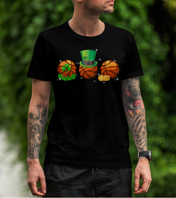 Basketball Trio With Leprechaun Hat Shamrocks And Gold Coins T-Shirt