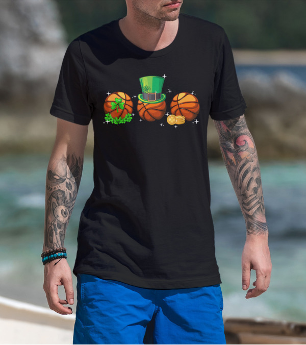 Basketball Trio With Leprechaun Hat Shamrocks And Gold Coins T-Shirt