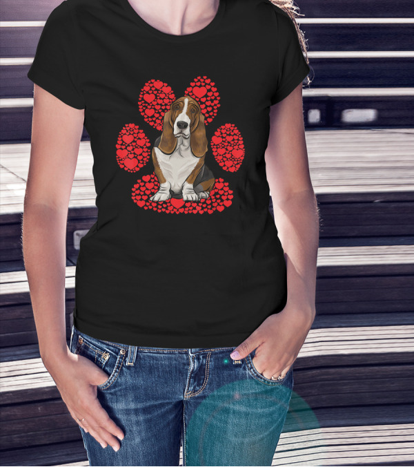 Basset Hound Valentines Day Dog With Heart Paw Background T-Shirt