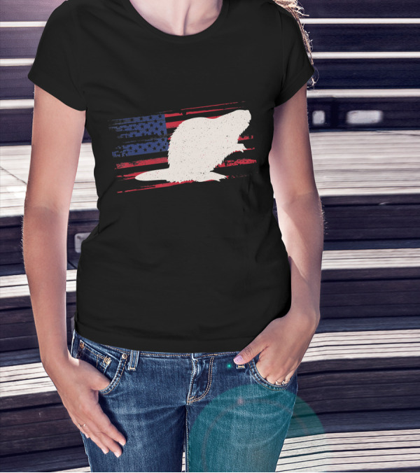 Beaver Silhouette Over Distressed US American Flag Rodent T-Shirt
