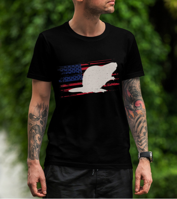 Beaver Silhouette Over Distressed US American Flag Rodent T-Shirt