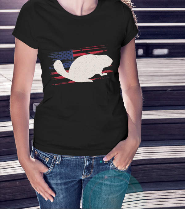 Beaver Silhouette On Distressed American Flag Rodent T-Shirt