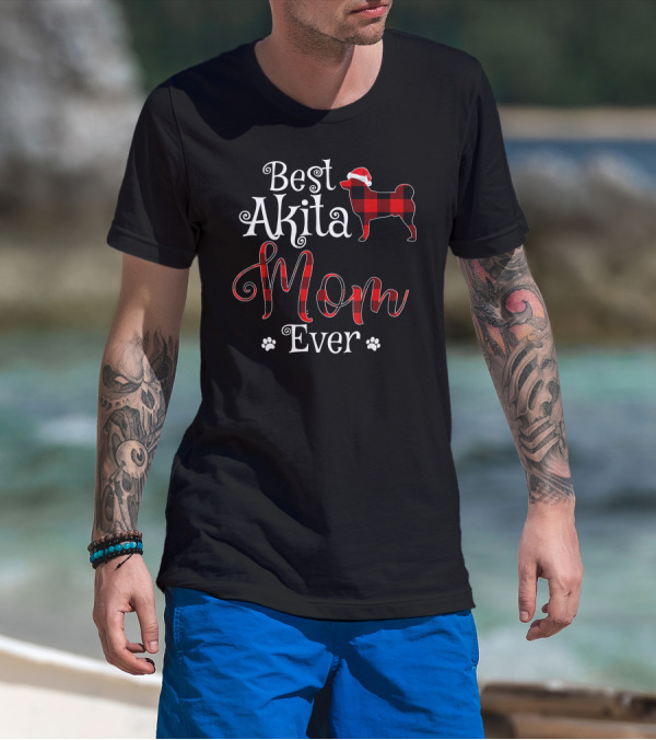 Best Akita Mom Ever Plaid Santa Hat And Paw Prints T-Shirt