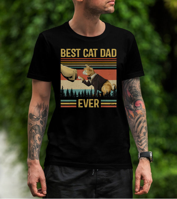 Best Cat Dad Ever Retro Paw Fist Bump Forest Stripes T-Shirt