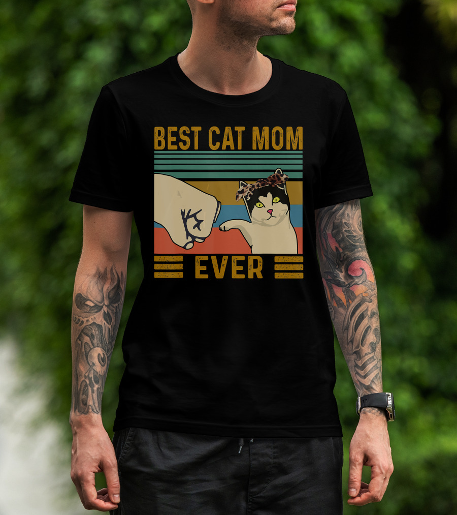 Best Cat Mom Ever Fist Bump Vintage Retro Cat With Headband T-Shirt