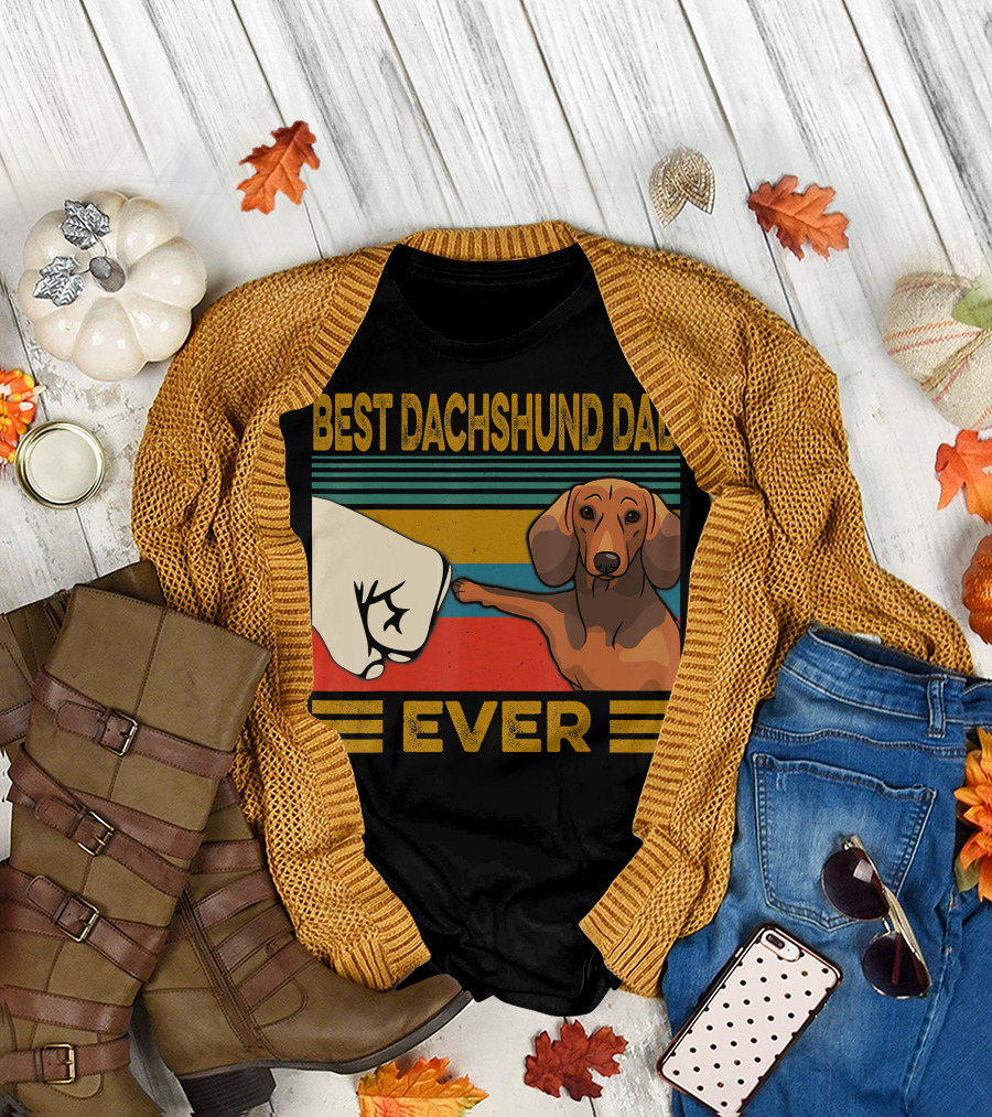 Best Dachshund Dad Ever Fist Bump Retro Stripes T-Shirt
