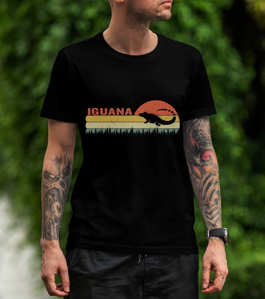 Iguana Silhouette Retro Sunset Forest Stripes T-Shirt