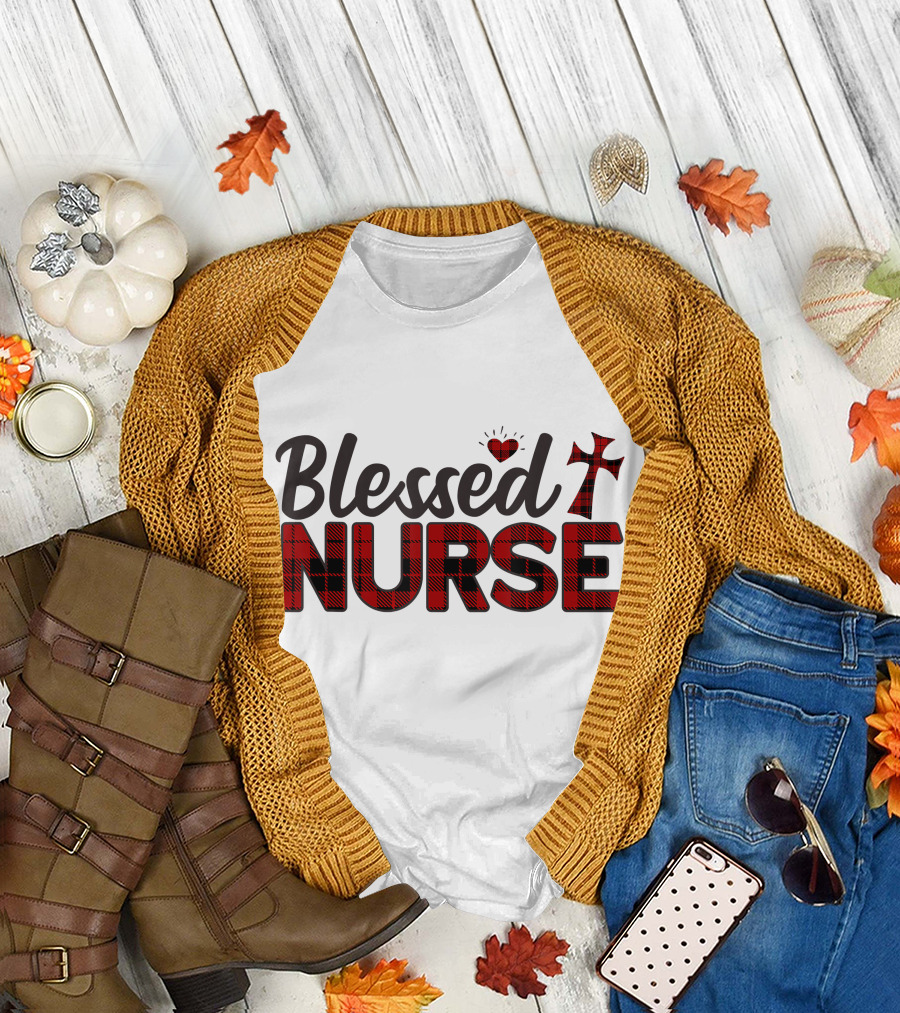 Blessed Nurse Plaid Heart Cross Christian T-Shirt