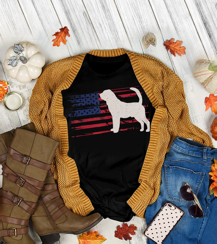 Bloodhound Puppy Silhouette with Distressed American Flag Background T-Shirt
