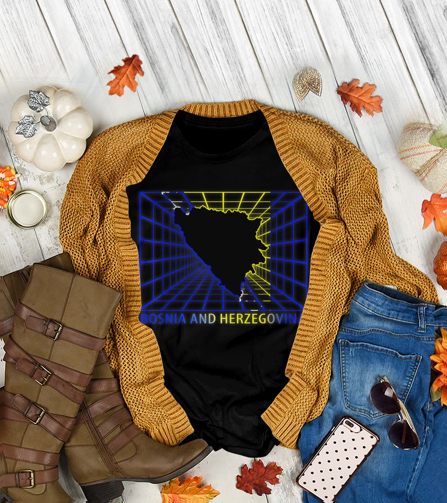 Bosnia And Herzegovina Map Bosnian Neon Grid T-Shirt