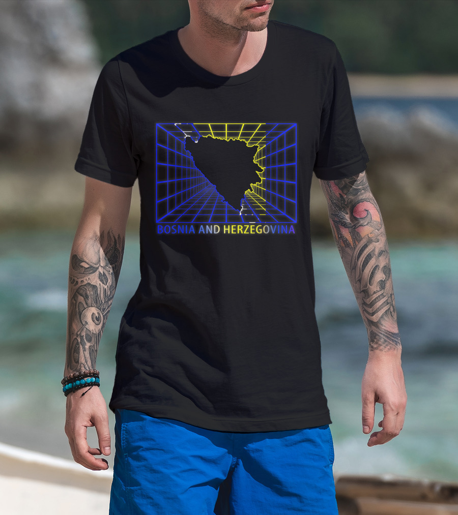 Bosnia And Herzegovina Map Bosnian Neon Grid T-Shirt