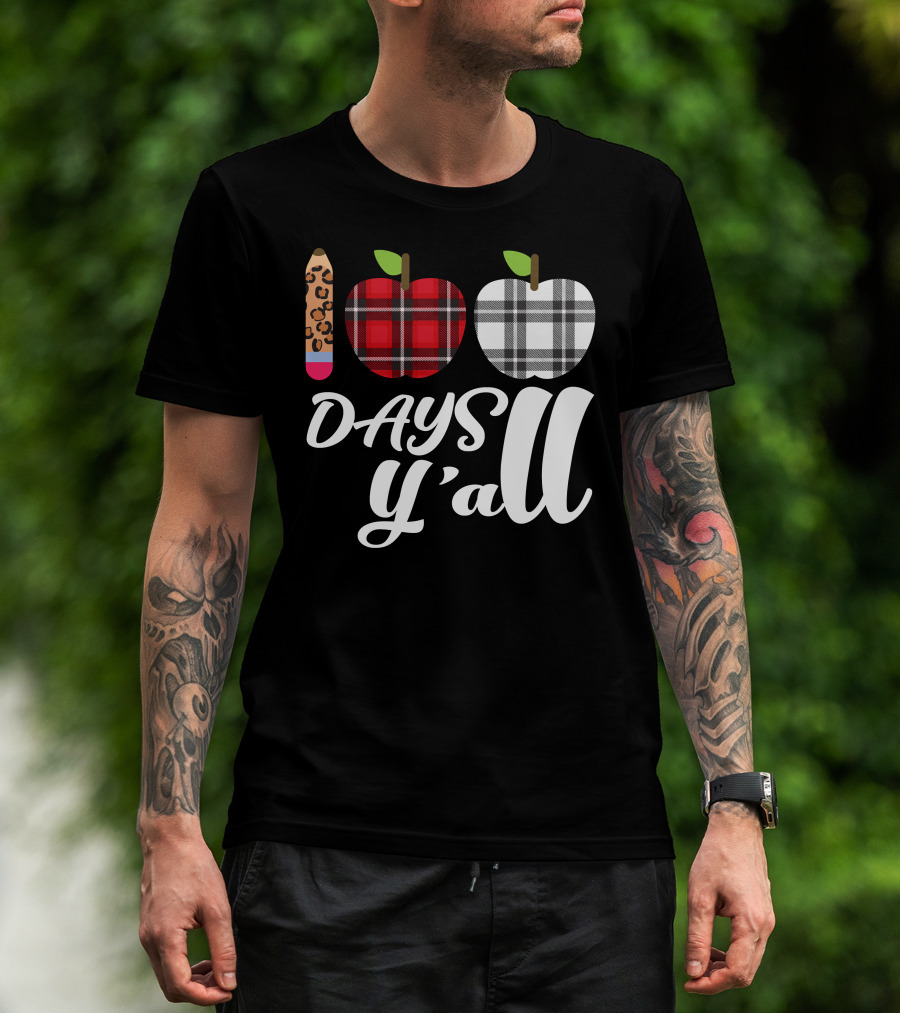 Buffalo Plaid Leopard Pencil 100 Days Y'all Apples T-Shirt