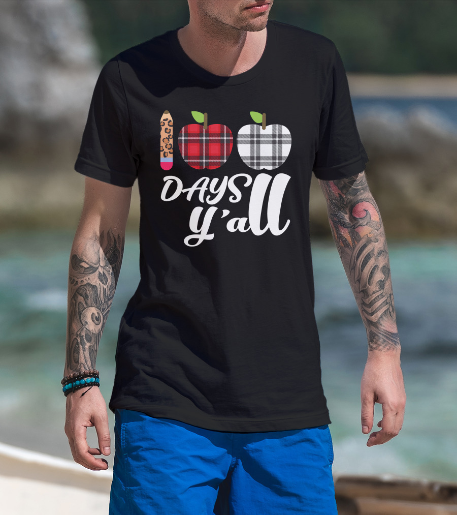 Buffalo Plaid Leopard Pencil 100 Days Y'all Apples T-Shirt