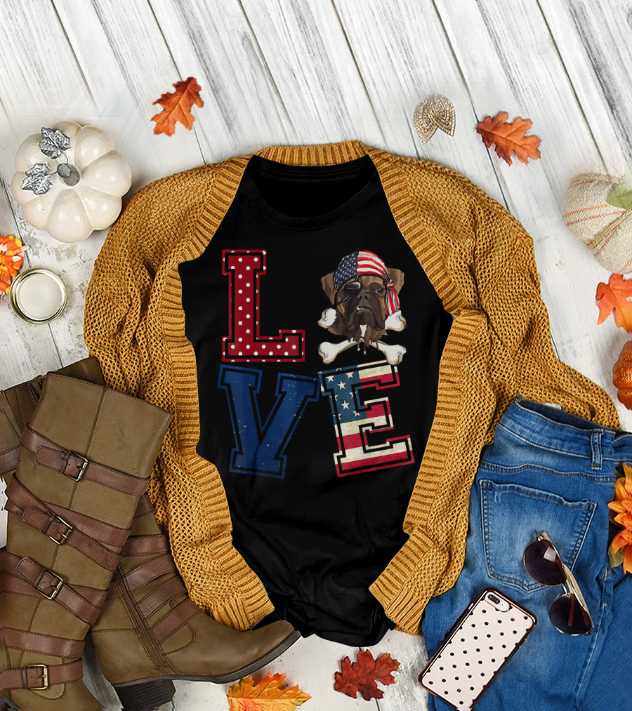 LOVE Boxer Dog with Pirate Bandana and American Flag Letters T-Shirt
