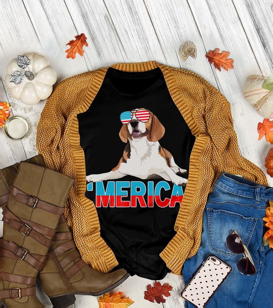 'Merica Beagle With American Flag Sunglasses T-Shirt