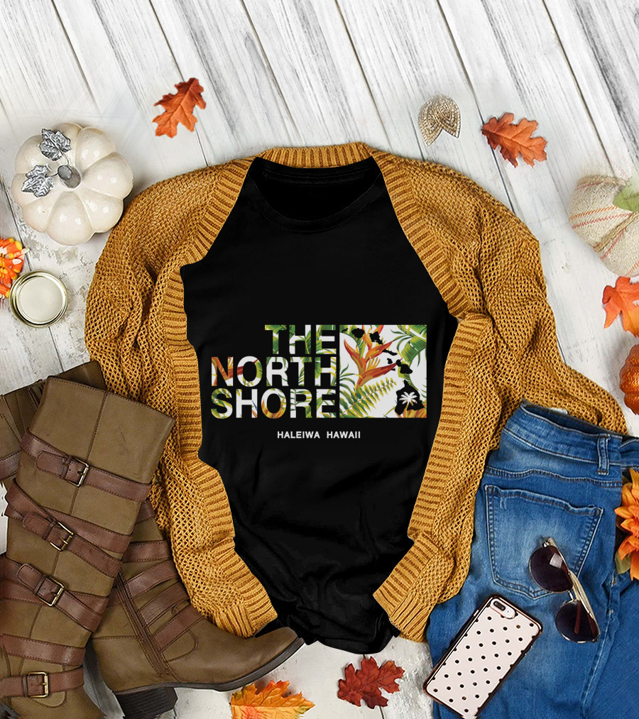The North Shore Haleiwa Hawaii Tropical Bird of Paradise Ferns and Palm Map T-Shirt