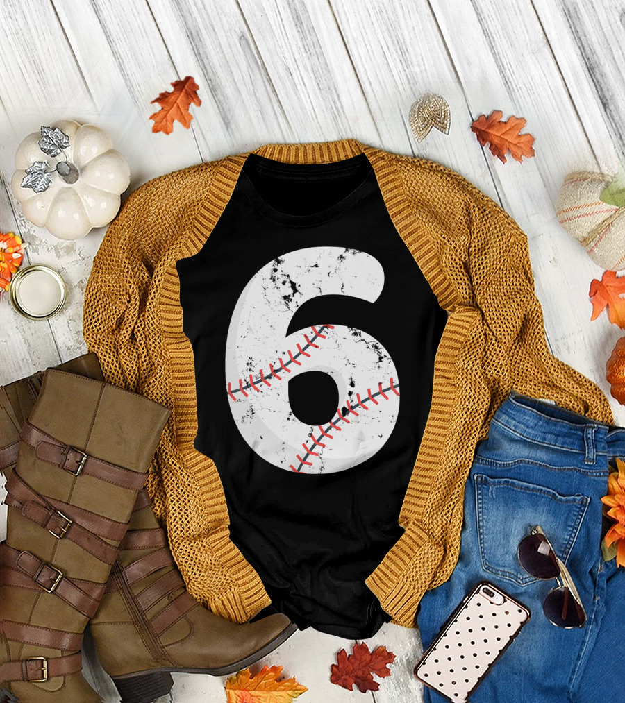 Number 6 Vintage Distressed Baseball Stitching T-Shirt