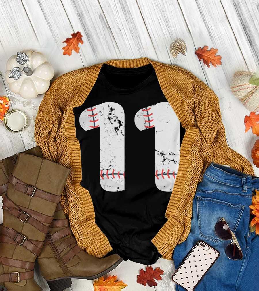 Number 11 Baseball Vintage Distressed Design with Stitching T-Shirt