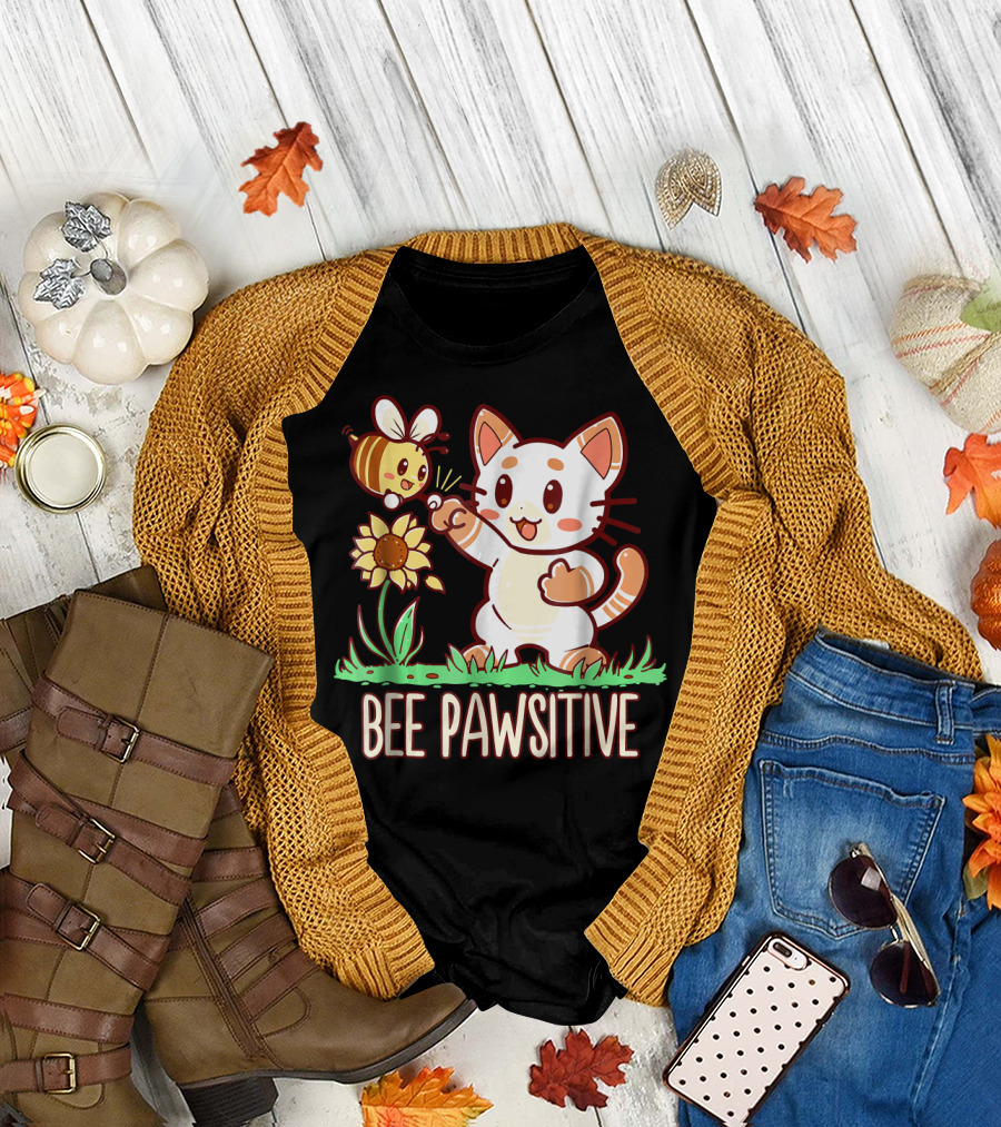 Bee Pawsitive Cat With Bumble Bee and Sunflower T-Shirt